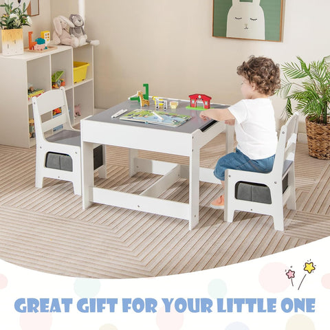 GLACER Kids Table and Chairs, 3 in 1 Wooden Activity Table with Storage, Reversible Tabletop, Chalkboard for Crafts, Drawing, Reading, Toddler Table and Chair Set for Playroom, Easy to Clean(Grey)