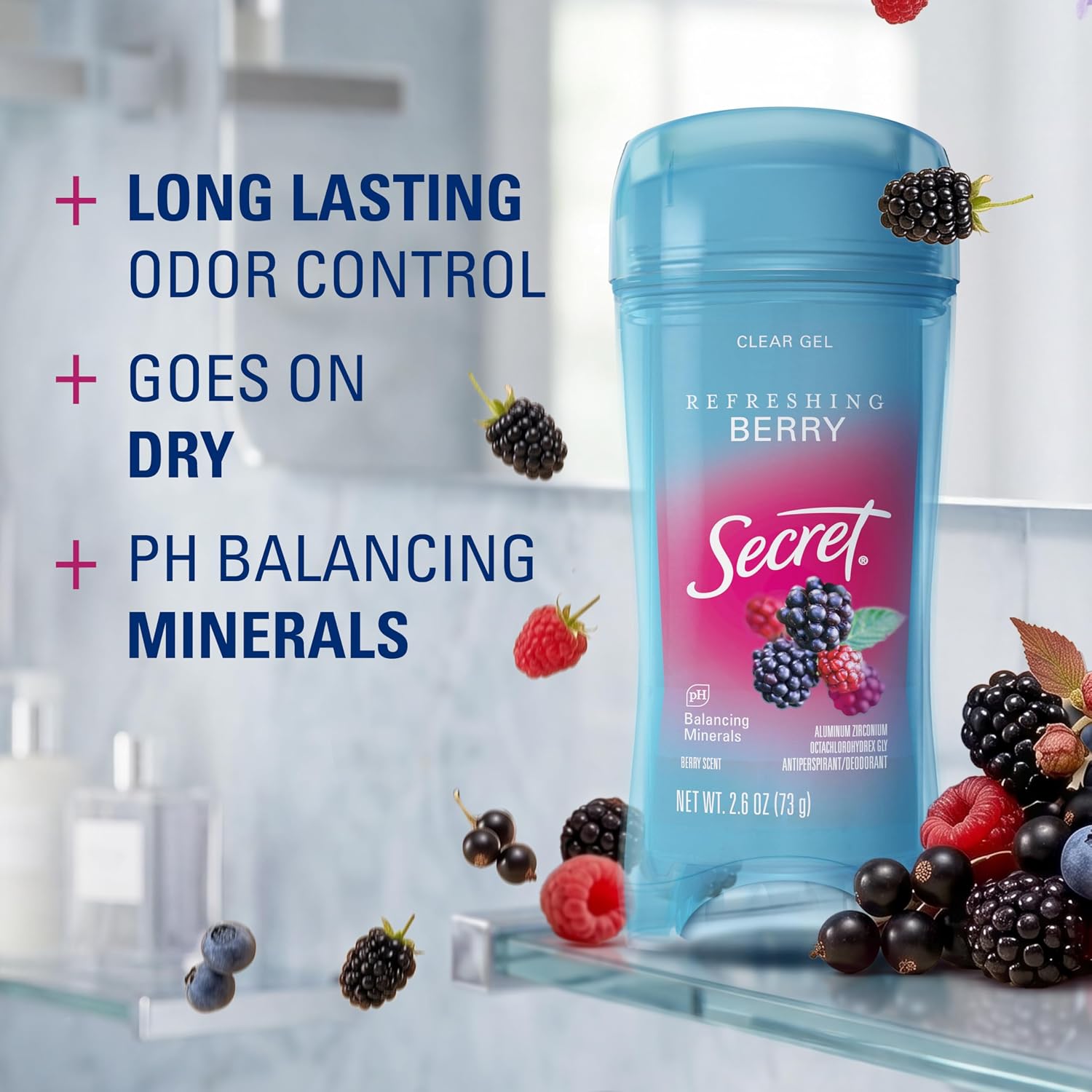 Secret Fresh Antiperspirant Deodorant for Women, 72hr Breathable Sweat & Odor Protection, Instant Freshness & Gentle, PH Balancing Minerals, Clear Gel, Refreshing Berry Scent, 2.6 oz (Pack of 6)