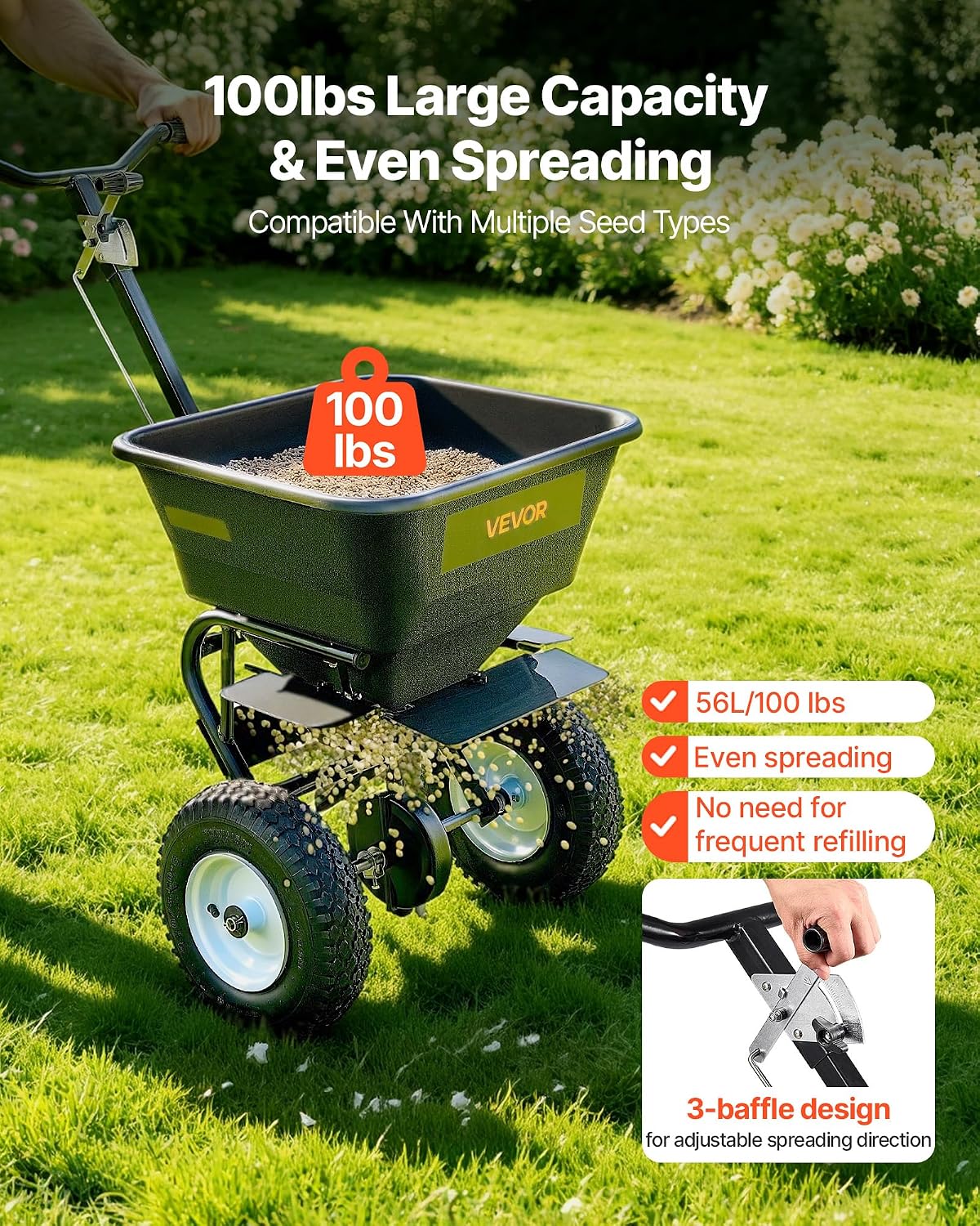 VEVOR Walk Behind Spreader 60 lbs Capacity Push Broadcast Spreader Black | for Lawn & Garden, 0-9.8 ft Spreading Width & 18 Adjustable Settings, 8 in All Terrain Pneumatic Tires for Seed, Fertilizer