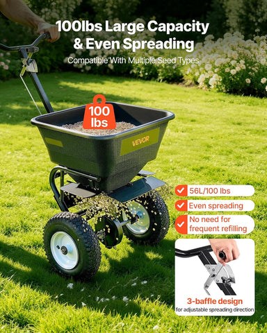 VEVOR Walk Behind Spreader 60 lbs Capacity Push Broadcast Spreader Black | for Lawn & Garden, 0-9.8 ft Spreading Width & 18 Adjustable Settings, 8 in All Terrain Pneumatic Tires for Seed, Fertilizer