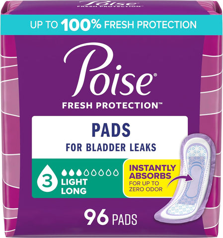 Poise Incontinence Pads for Women, 3 Drop, Long, 96 ct