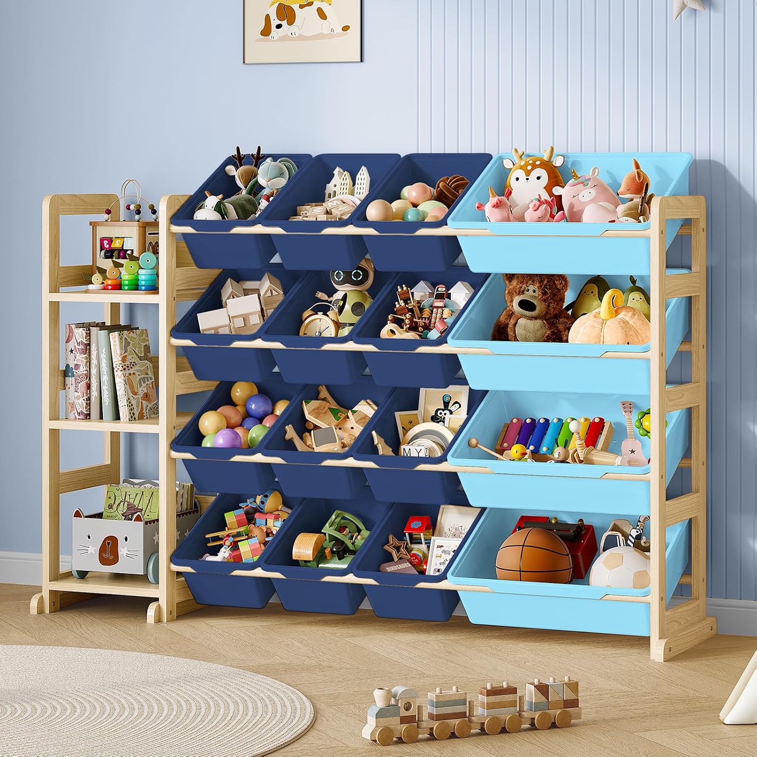 EXPERLAM Toy Storage Organizer, Toy Storage Shelf with 3 Shelves and 16 Storage Bins (12 Small + 4 Large), 3-in-1 Kids Bookshelf for Kids Rooms, Playroom, Nursery, Blue