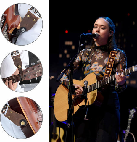 Nefelibata Guitar Strap,Crazy Horse Leather Jacquard Embroidery Cotton Guitar Straps for Bass, Electric & Acoustic, Best Gifts for Guitarists(Sunflower Yellow Embroidery)