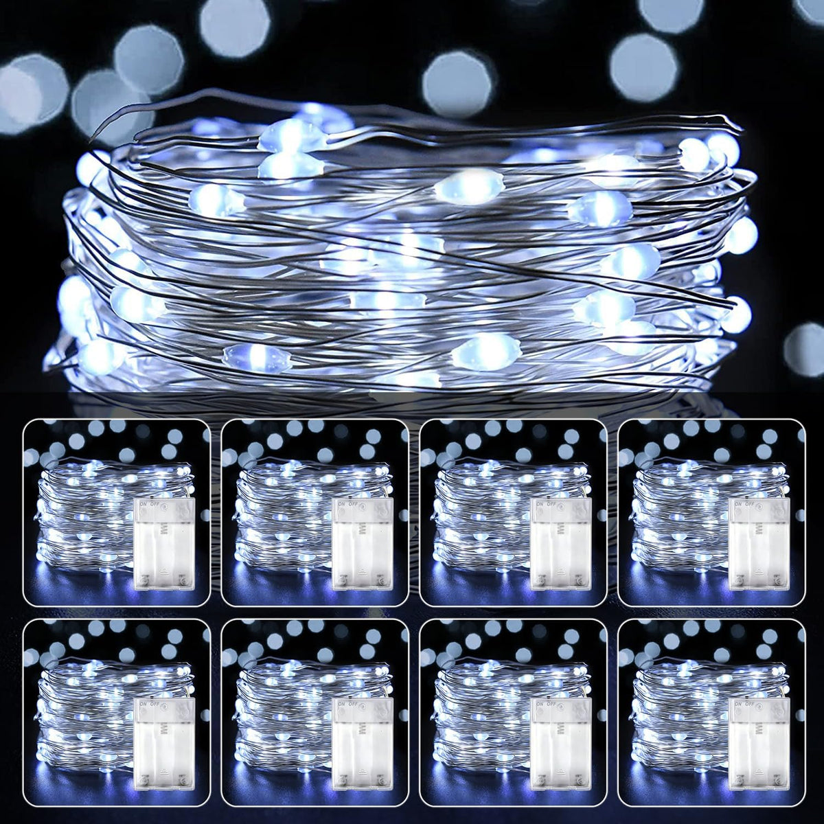 8 Pack LED Fairy Lights Battery Operated 20FT 60 LEDs Silver Wire String Lights Twinkle Lights Starry Fairy Lights for Bedroom Christmas Wedding Party Indoor Outdoor Decorations, Cool White