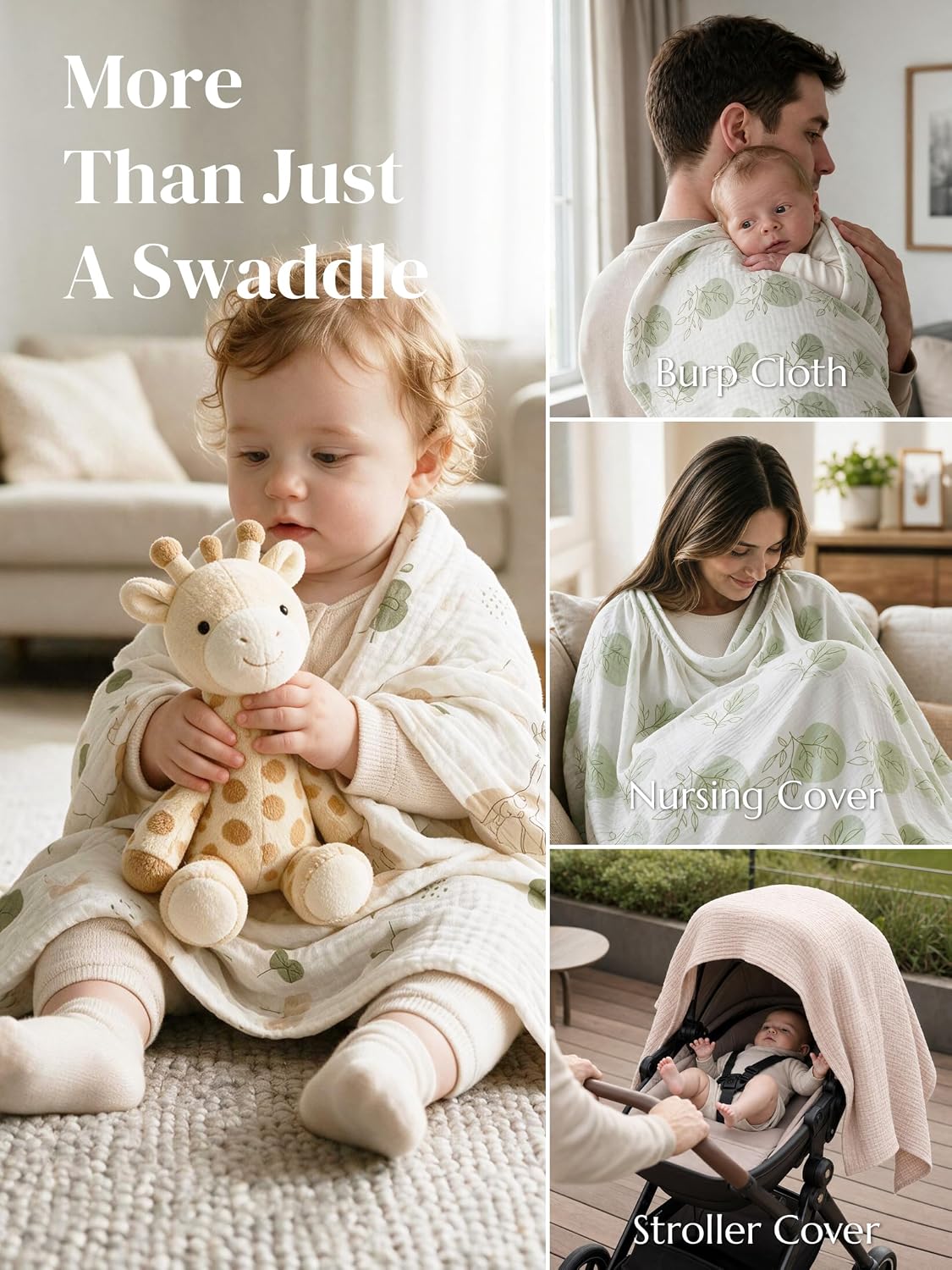 Muslin Swaddle Blankets for Newborns, 100% Cotton, 3-Pack, 40 x 40 Inches