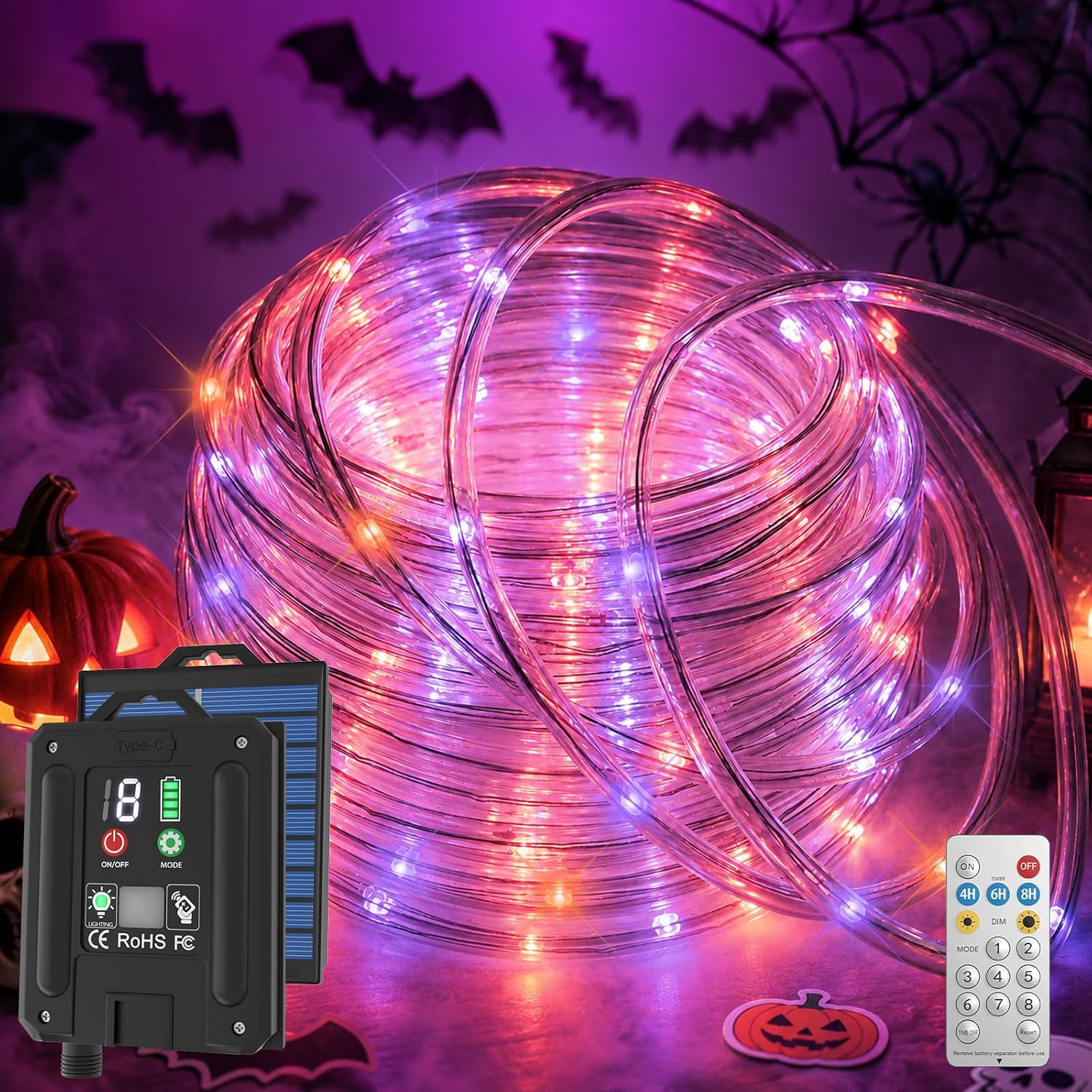Halloween Decoration Solar Rope Lights 66FT 200LED 1800mAh -Purple & Orange
