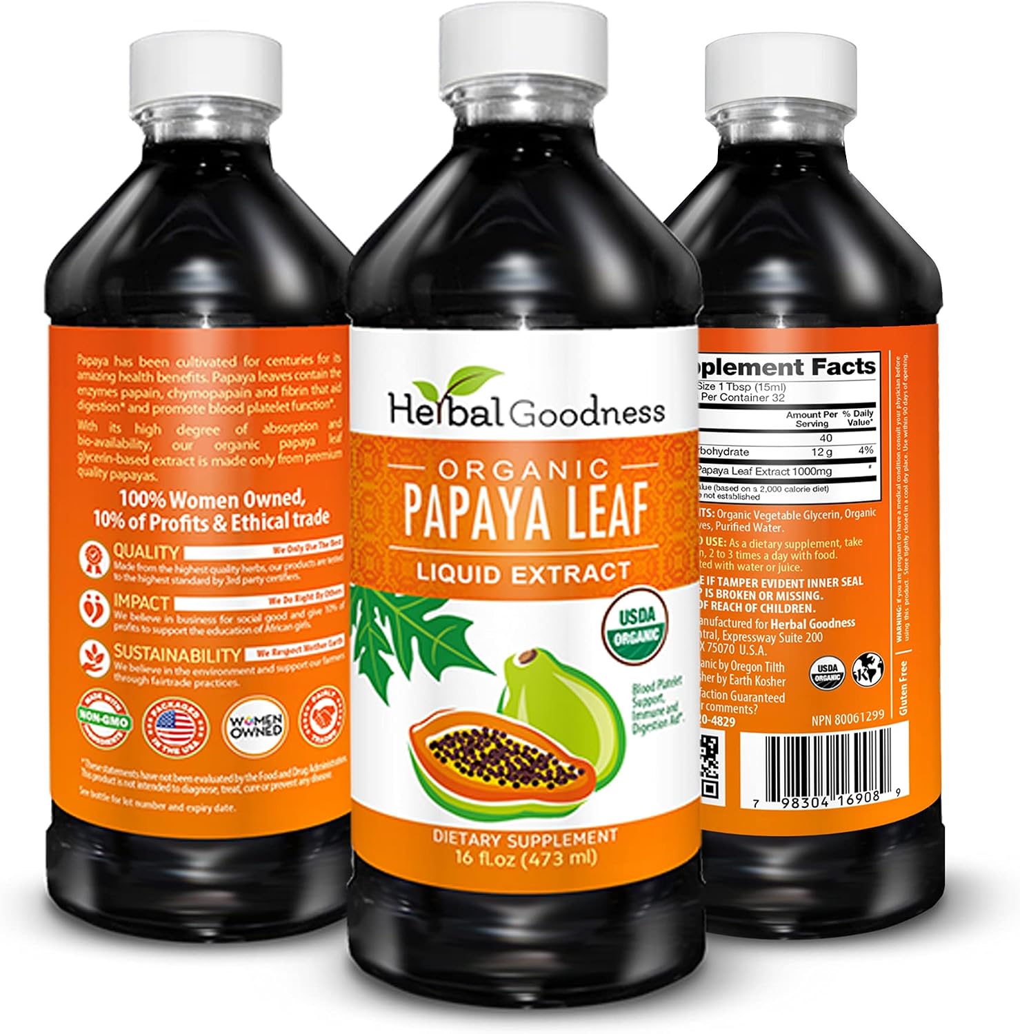 Herbal Goodness Papaya Leaf Extract Liquid, Platelet Supplement Boost 16oz