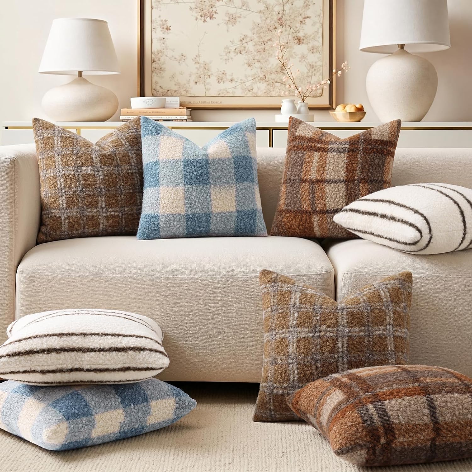decorUhome Faux Fur Plaid Throw Pillow Covers 18X18 Set of 2 Dusty Blue