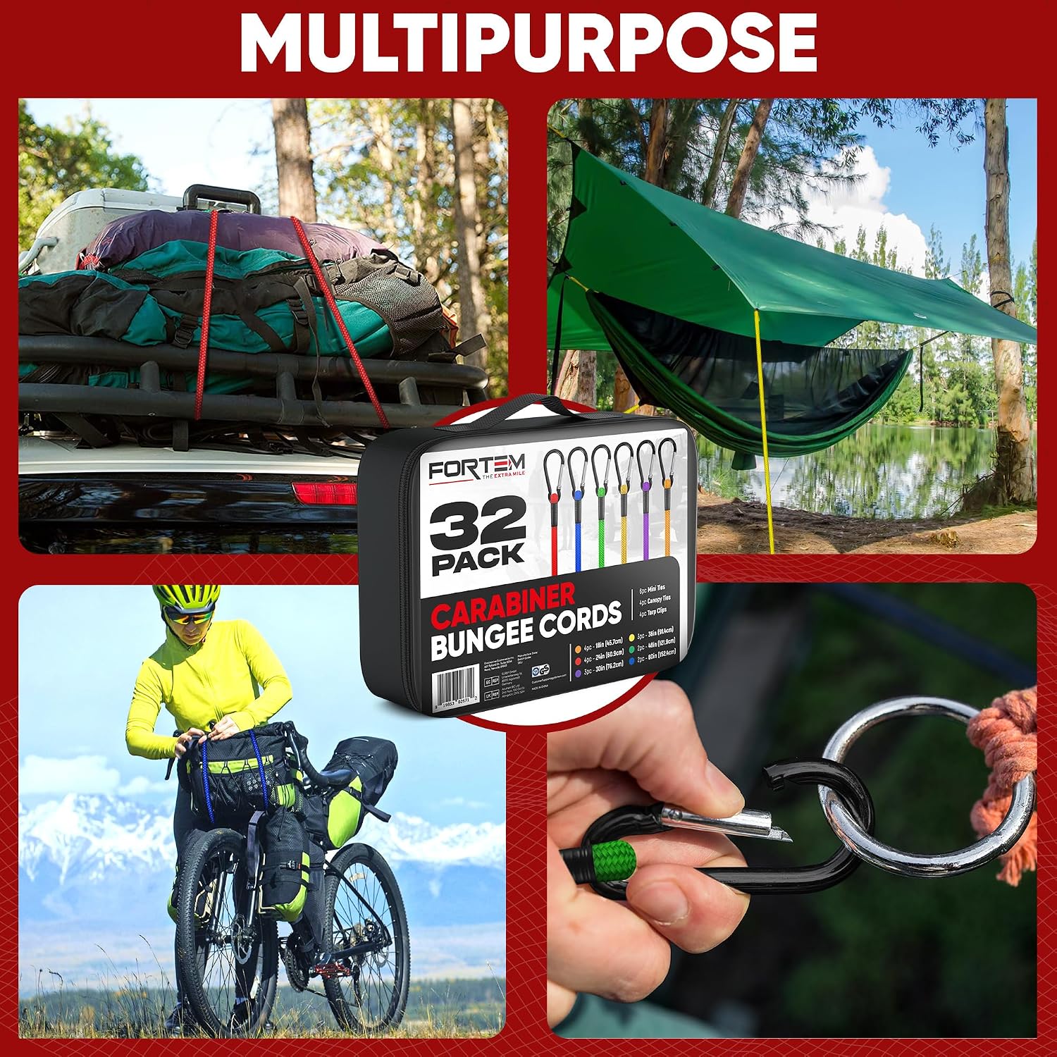 FORTEM Bungee Cords with Carabiner, 32pk 18" 24" 30" 36" 60" Tarp Ball Ties