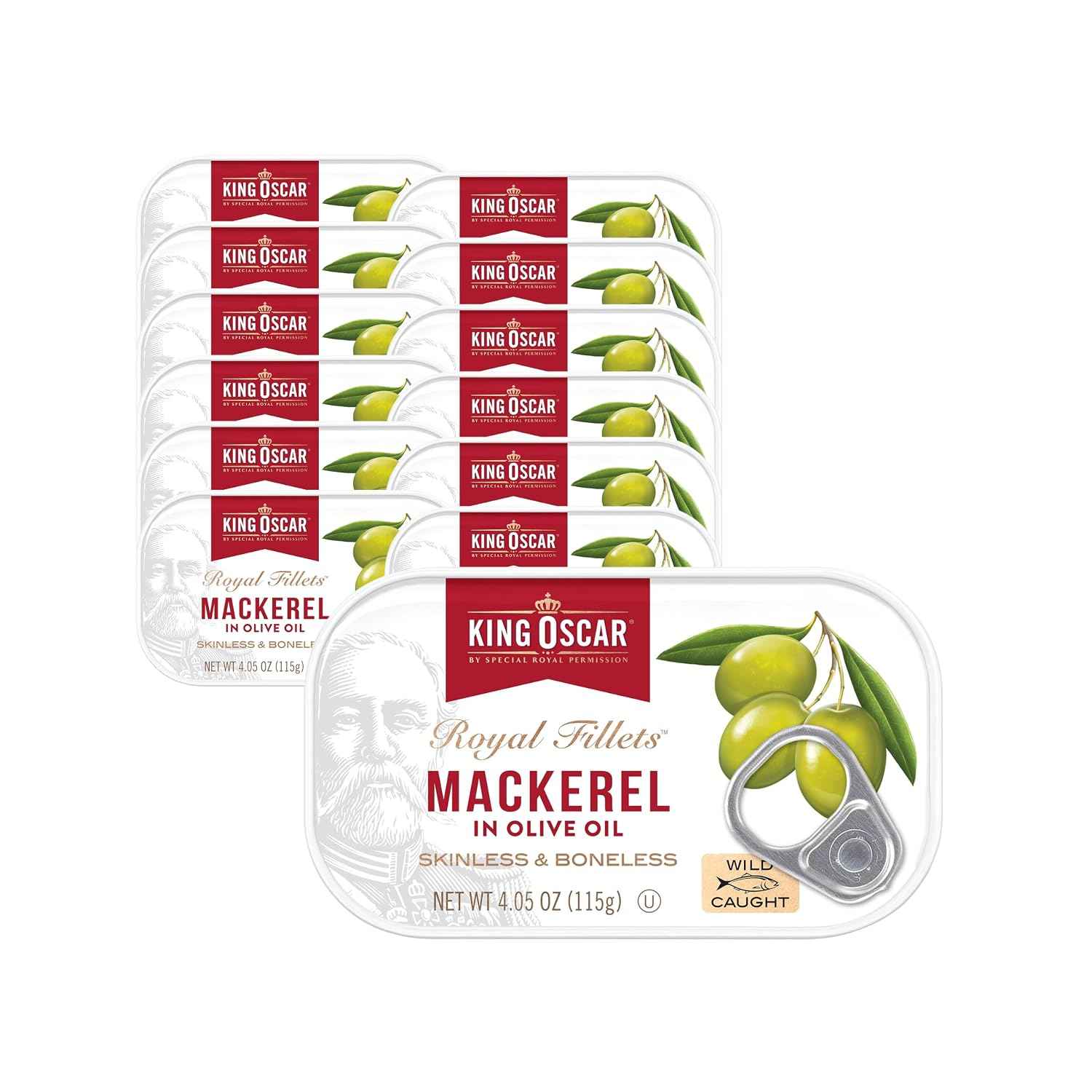 King Oscar Mackerel in Olive Oil, 4.05 Ounce Can (Pack of 12, Packaging May Vary), Skinless & Boneless, Wild Caught Canned Mackerel