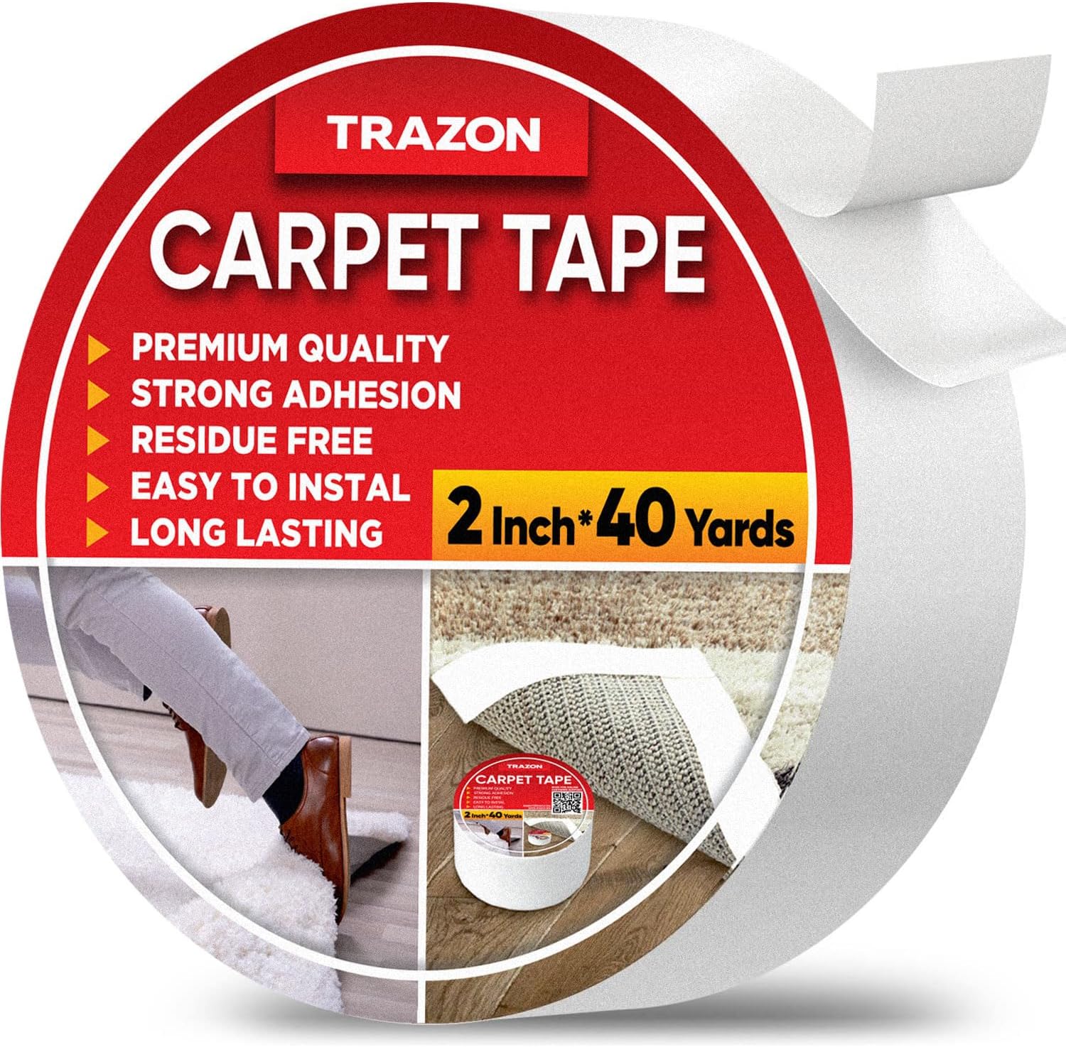 Trazon Carpet Tape Double Sided - 2 in / 120 Ft (40 Yards) Tape Grippers for Hardwood Floors and Area Rugs - Strong Adhesive and Removable, Heavy Duty Stickers, Residue Free