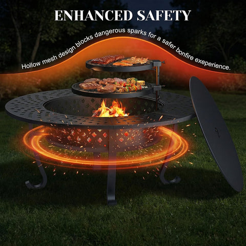 43" Fire Pit, 3 in 1 Firepit with Adjustable 2 Grills for Patio, Party