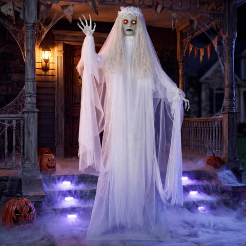 JOYIN 67" Halloween Decorations Outdoor Life Size Bride Decor, White Ghost Haunted House Props with Creepy Sound for Garden Yard Lawn