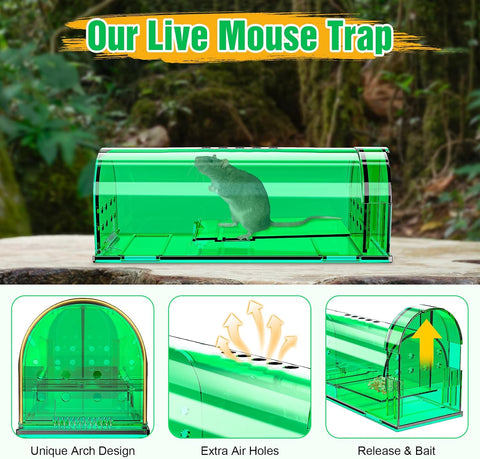 4 Pcs Humane Mouse Traps Indoor for Home, Live Trap No Kill Catch & Release