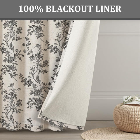 Black Boho Floral 100% Blackout Curtains 84 Inch 2 Panels