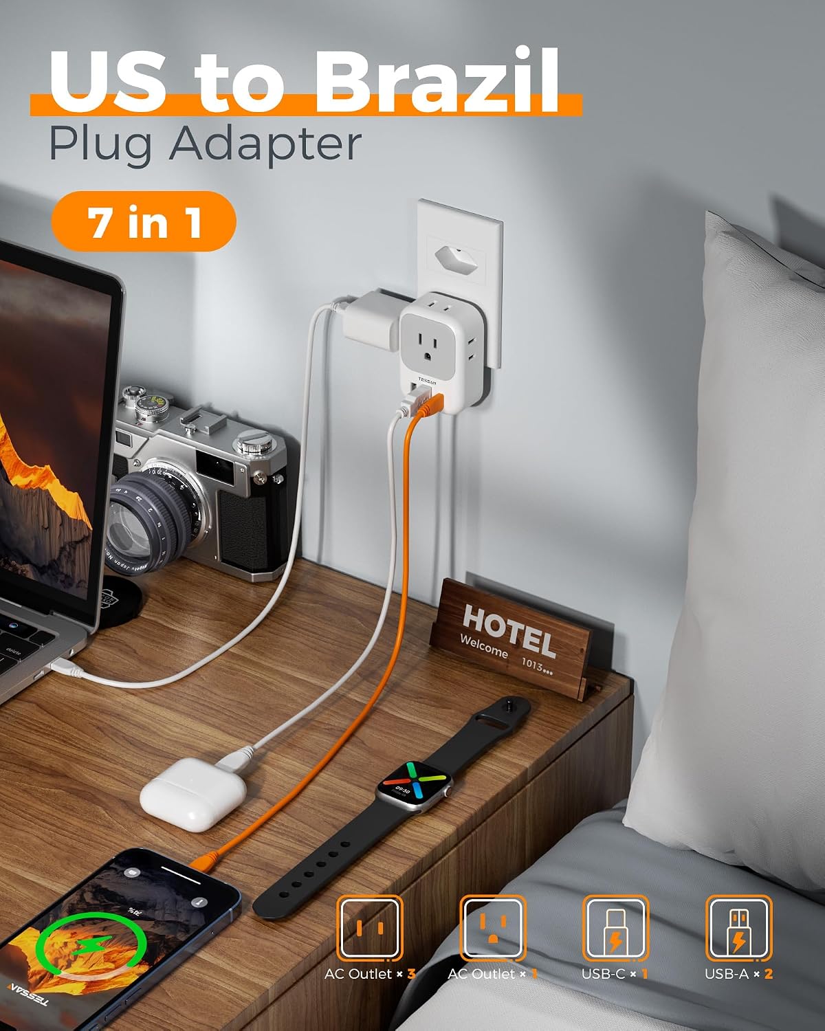 TESSAN Brazil Plug Adapter 2 Pack, 7 in 1 US to Brazil Power Adapter