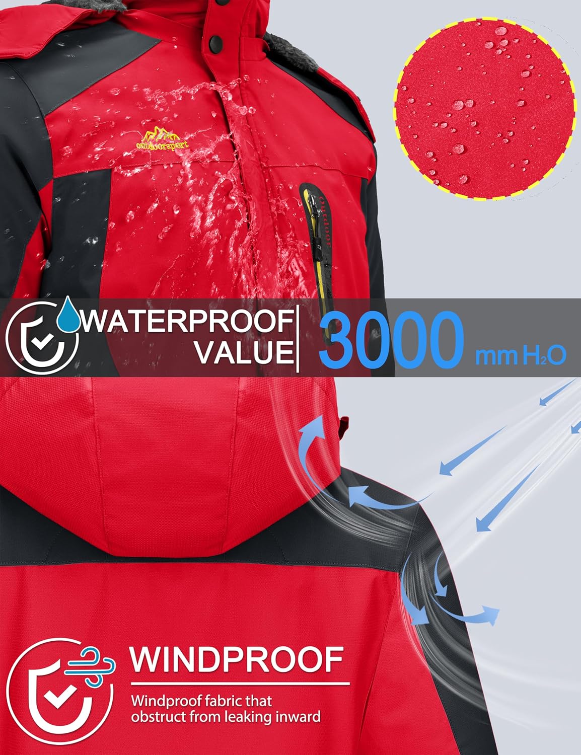 TACVASEN Men's Winter Ski Jacket Waterproof Fleece Lining Snow Hooded Coats