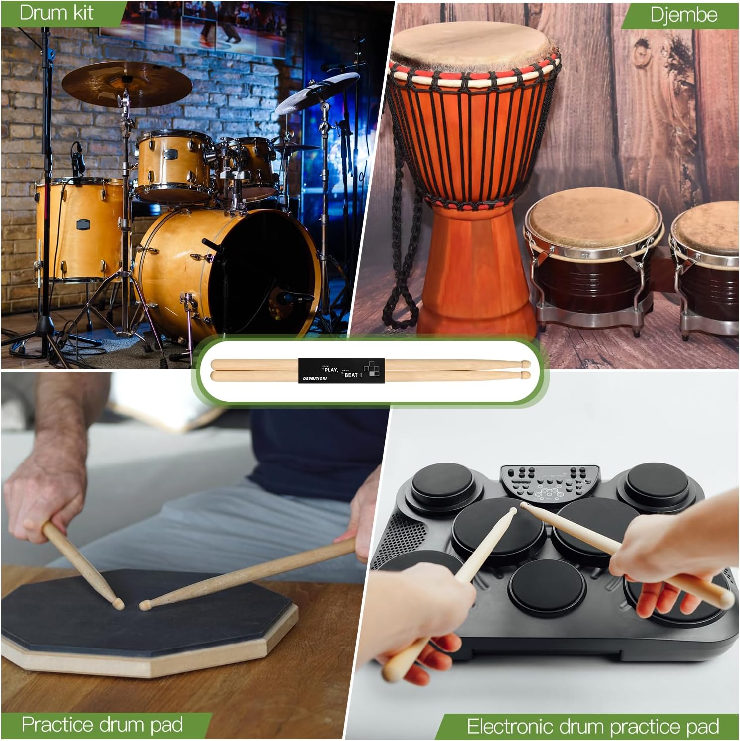 2 Pairs 5A Drum Sticks, Oval Wood Tip Non-slip