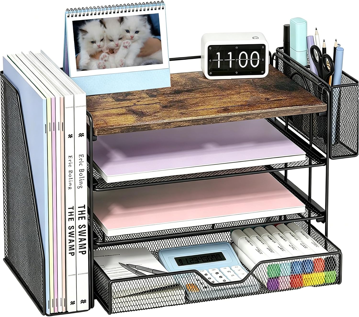 OPNICE Desk Organizers and Accessories, 4-Tier Desktop File Organizer with Drawer and Pen Holders, Office Desk Accessories Workspace Organizers for Office Supplies (Brown)