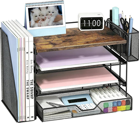 OPNICE Desk Organizers and Accessories, 4-Tier Desktop File Organizer with Drawer and Pen Holders, Office Desk Accessories Workspace Organizers for Office Supplies (Brown)