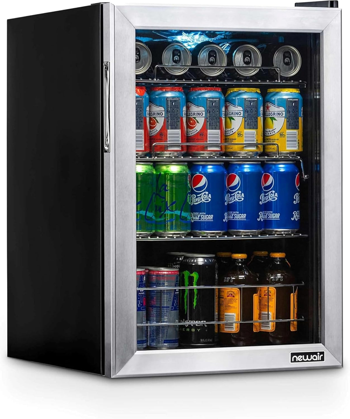NewAir 90 Can Beverage Refrigerator | 17” Freestanding Small Mini Fridge for Bedroom, Home Bar or Office | Quiet Compressor Cooling & Adjustable Shelves | Stainless Steel