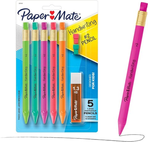 Paper Mate Handwriting Triangular Mechanical Pencils with Lead & Eraser Refills, 1.3mm, Fun Barrel Colors, 5 Count - School Supplies, Kids Writing