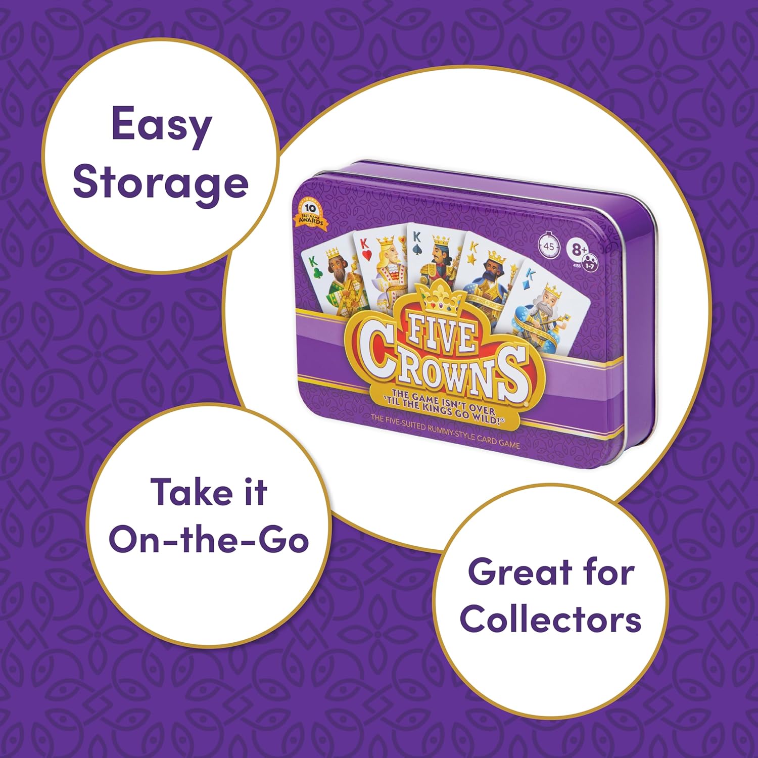 Five Crowns Collectible Tin – Card Game for Kids and Adults, Family Game Night, The Game isn’t Over Until the Kings Go Wild, 5 Suited Rummy Style Card Game, 1-7 Players, Ages 8+
