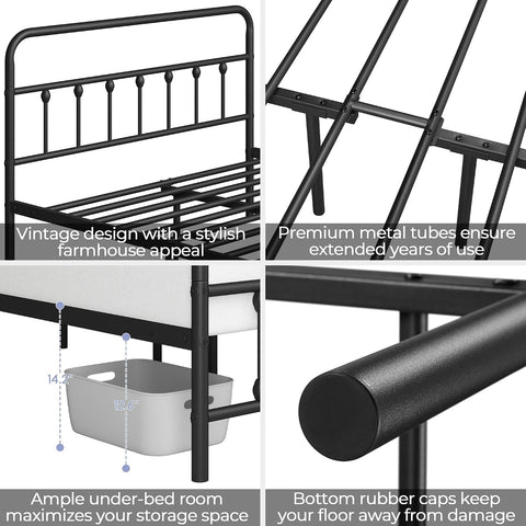 Topeakmart Queen Metal Bed Frame, Victorian Style Headboard, Black