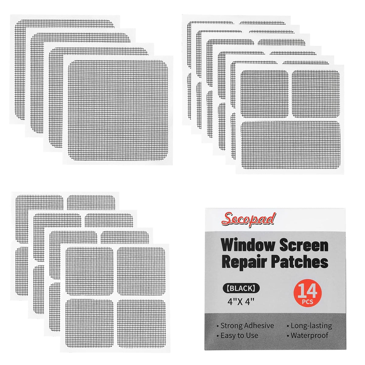 Secopad 14 Sheets Screen Patch Tape, Window Screen Repair Kit, Black