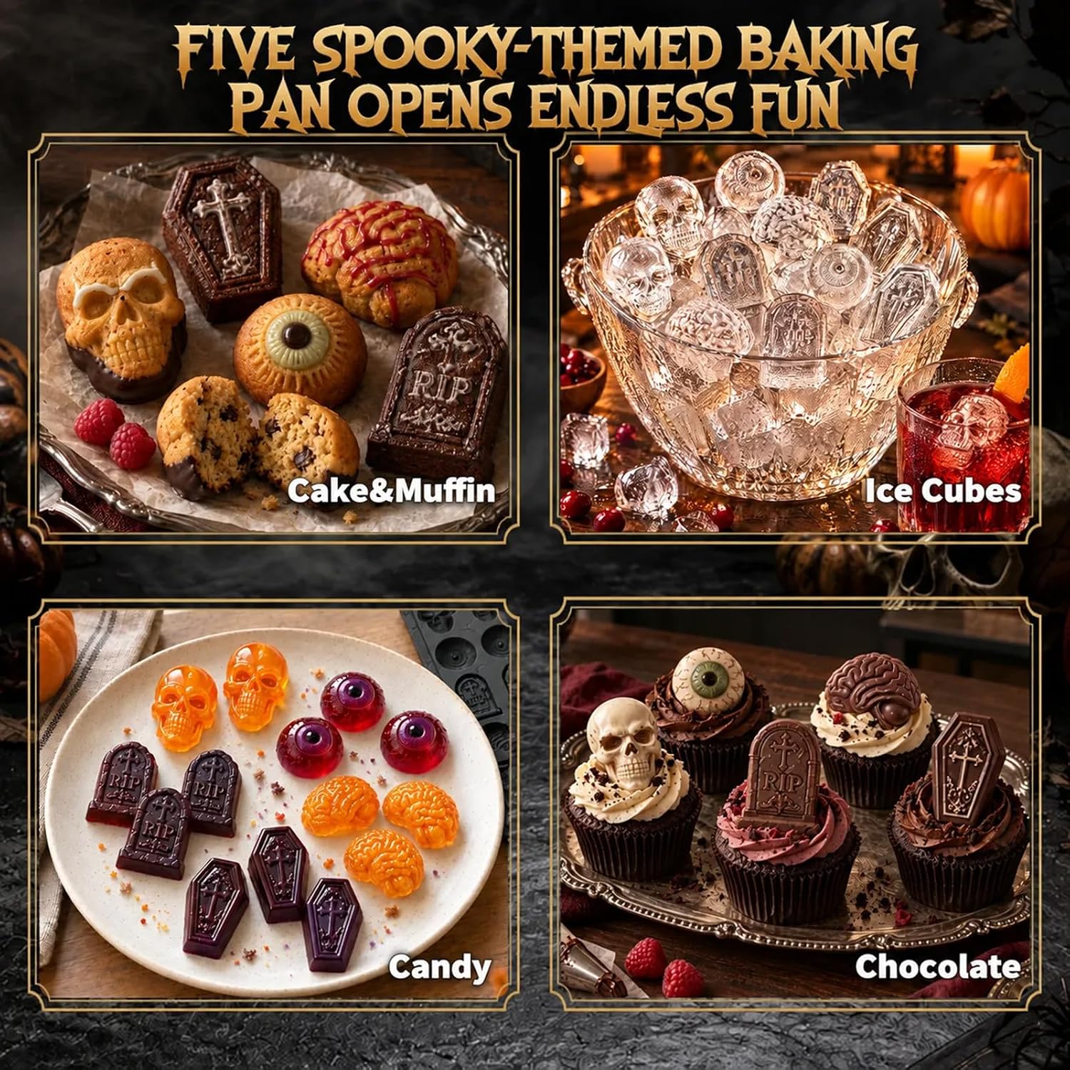 HKNMTT Skull Candy Chocolate Cake Pan 5-Shapes Halloween Silicone Mold