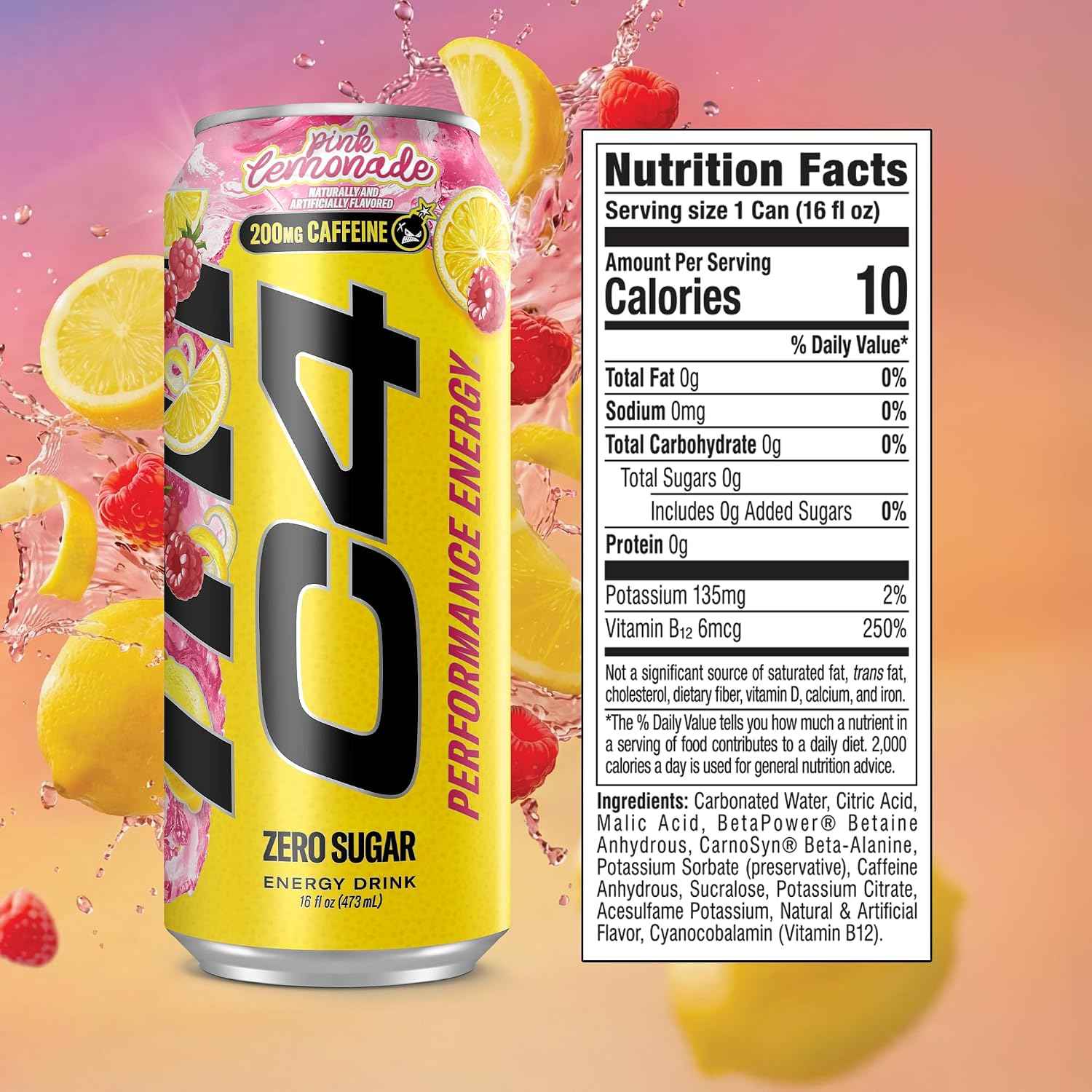 C4 Performance Energy Drink with Zero Sugar, 200mg Caffeine, 16 Fl Oz 12pk
