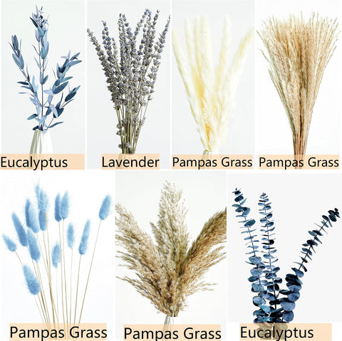 Dusty Blue Dried Flower Bouquet with Pampas Grass, Bunny Tails, Lavender and Eucalyptus, Beige Boho Floral Arrangement for Vase, Wedding Centerpiece, Bedroom and Coastal Home Decor