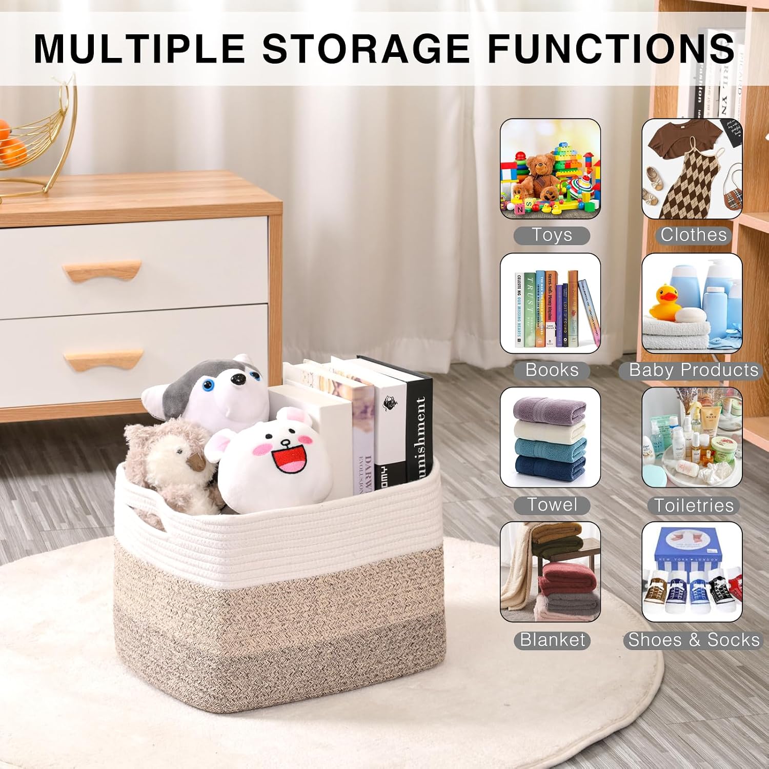 ICERZCZ Storage Baskets for Organizing Shelves, Woven Cotton Rope Bins for Baby Nursery Organization, Book Toy Towel Organizer, 15"x11"x9.5", 3 Packs, Gradient Brown