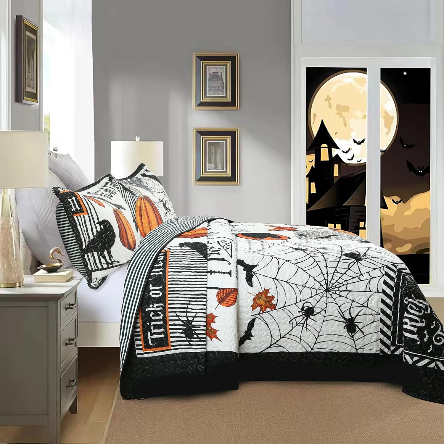 3 Pcs Halloween Pumpkin Quilt Bedspread Set (Halloween, King)