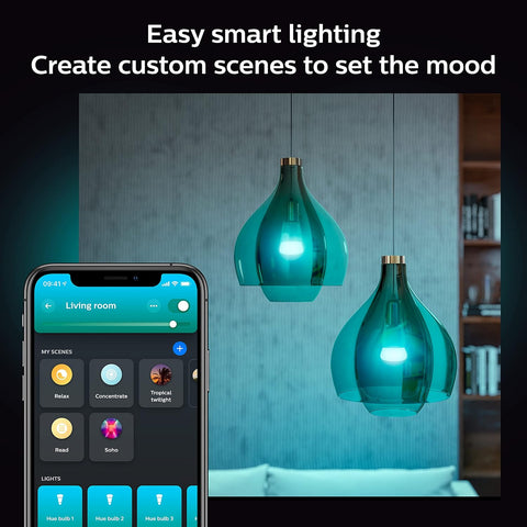 Philips Hue Smart Light Bulbs Starter Kit, Includes (1) Bridge, (2) 75W A19 Bulbs, White and Color Ambiance LED Color Changing Lights, 1100LM, E26, Control with App or Voice Assistant