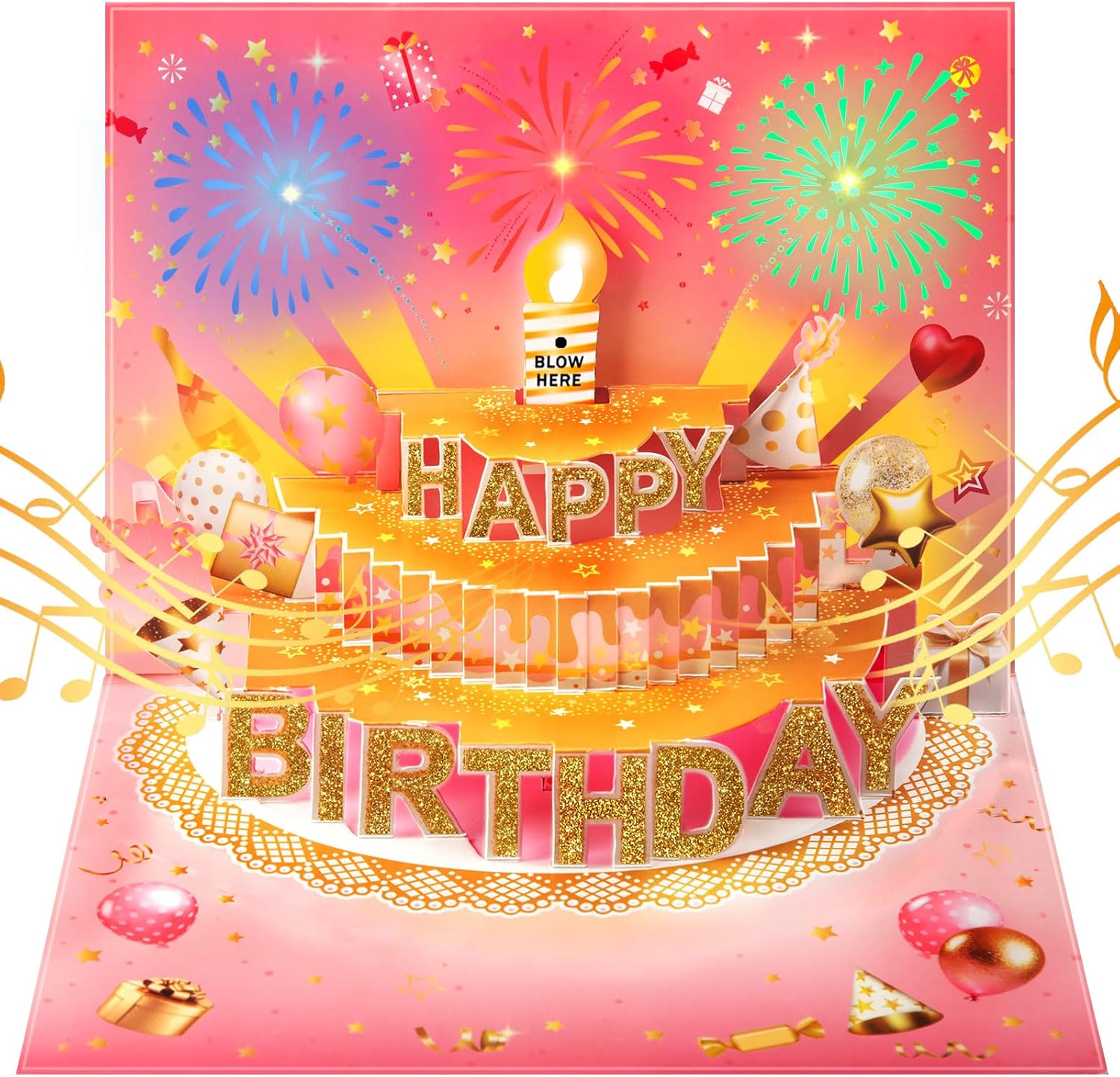 Pop Up Birthday Cards for Women, LED Light Music Blow The Candle