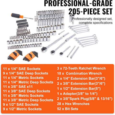 VEVOR Mechanics Tool Set, 205 Pcs SAE and Metric Sockets, 1/4" 3/8" 1/2" Drive Deep and Standard Sockets, Chrome Vanadium Steel, Polyethylene