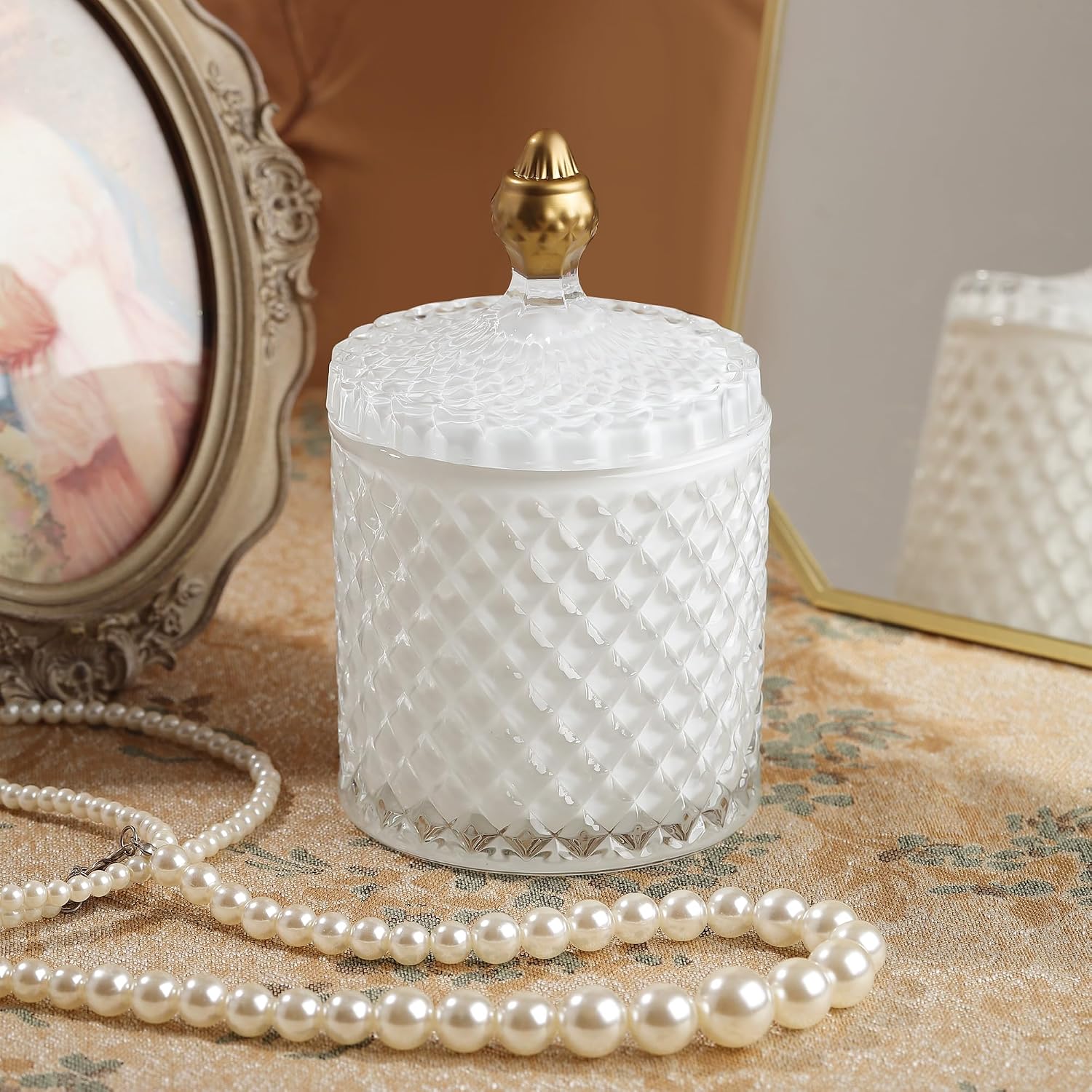 Joeyan 18oz White Glass Jars with Lid,Embossed Candy Dishes,Diamond Faceted
