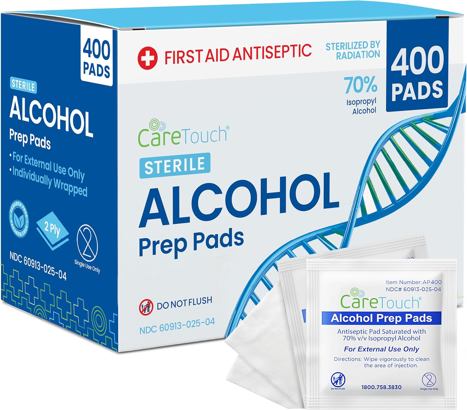 Care Touch Alcohol Prep Pads - 400 Count Alcohol Wipes Individually Wrapped, 1.18x2.36 Inches - 70% Isopropyl Swabs for Home, Medical, or First Aid Kits - Sterilized 2-Ply Pads