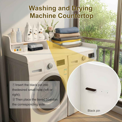 Washer Dryer Countertop with Shelf, 2 Tier Laundry Countertop Organizer, Wooden Washer and Dryer Topper with Raised Edge for Folding, Sorting & Storage Black 28" D x 58" W x 12" H