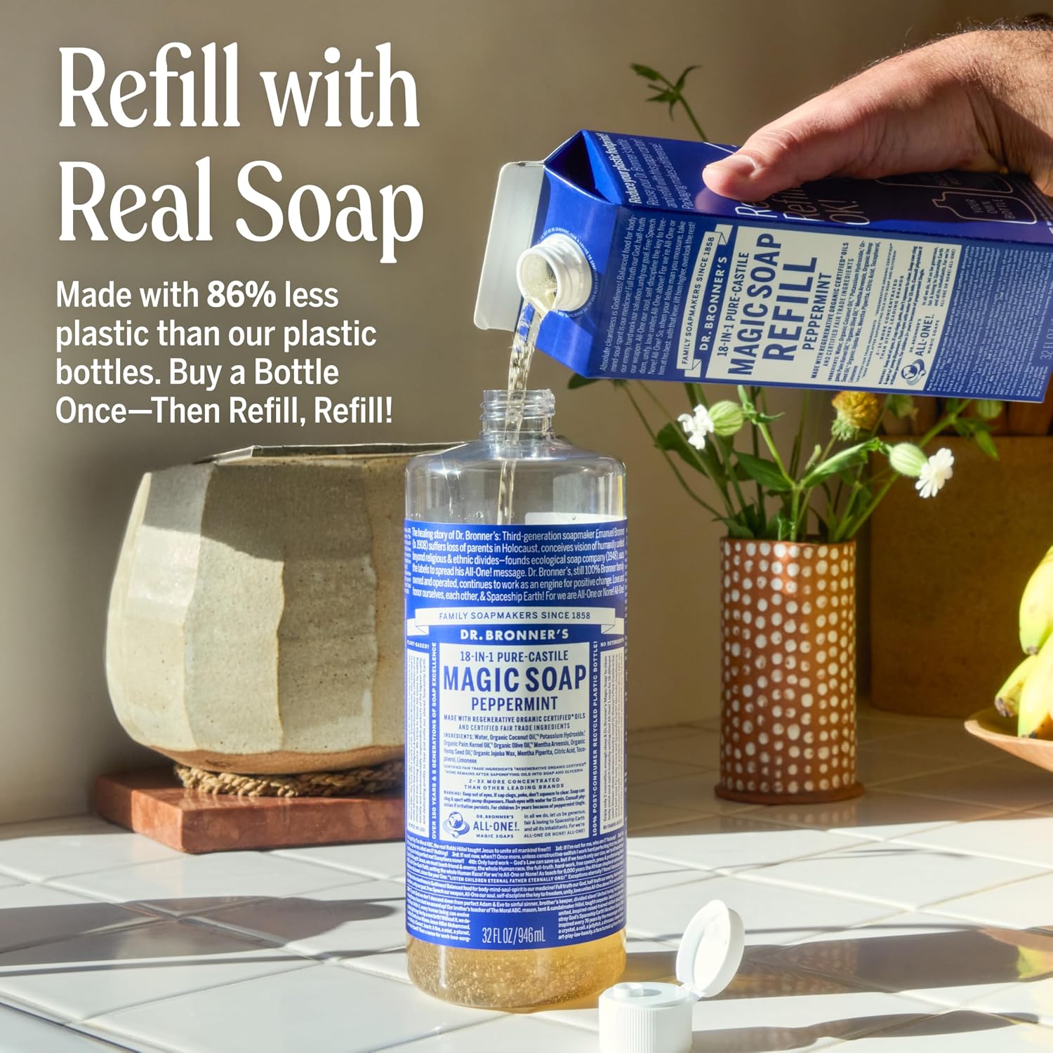 Dr. Bronner's Pure-Castile Liquid Magic Soap Bottle & Refill Carton - Made with Regenerative Organic Certified Oils- 18-in-1 Uses for Face, Body Wash, Hand Soap Refill- Peppermint, 32oz