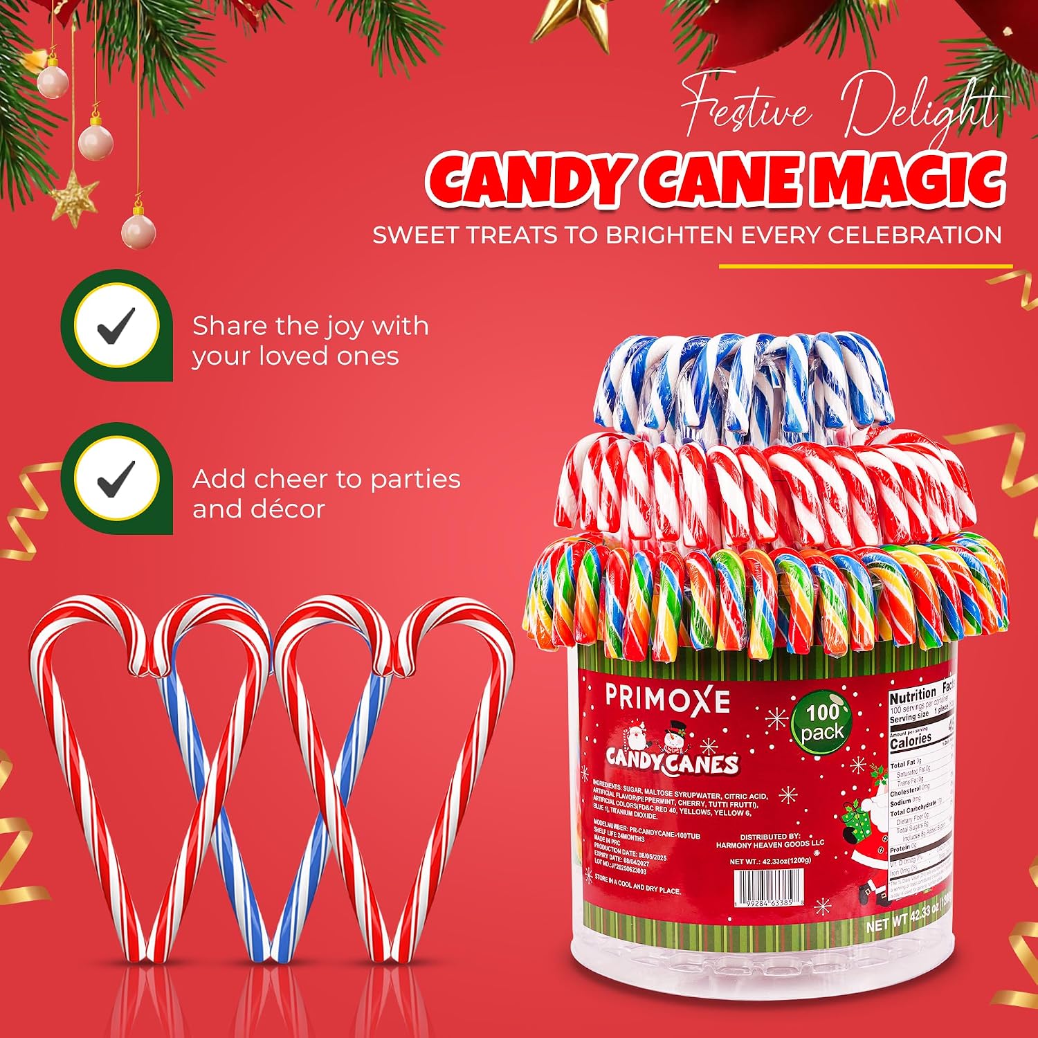 Christmas Candy Canes Assorted Flavors, Tutti Frutti, Blue & White Peppermint Sticks, Red Cherry Mix, Large Candy Canes Individually Wrapped Bulk Christmas Candy for Décor, Parties & Gifts – 100 Count