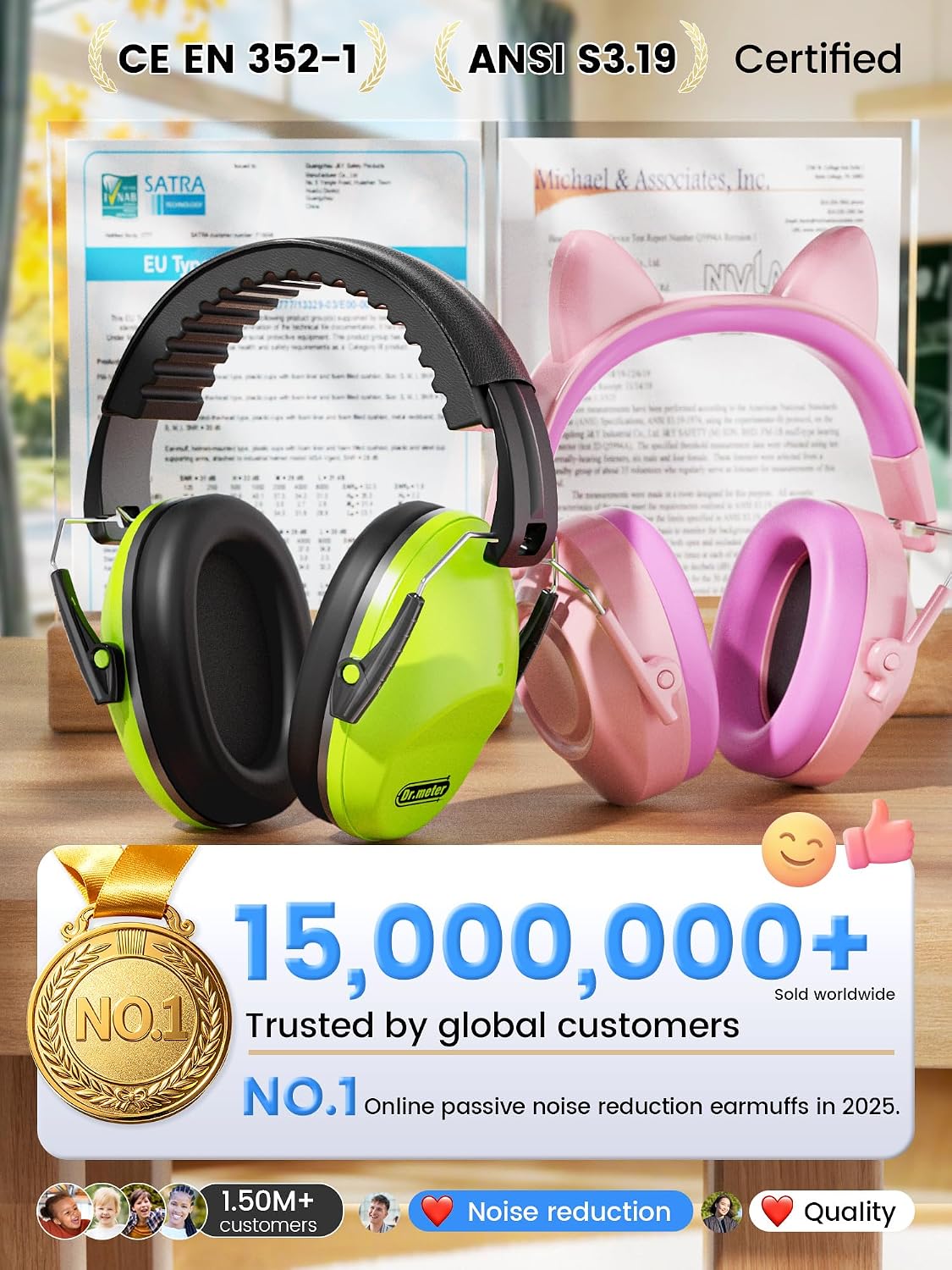 Dr.meter 3PACK Ear Muffs, Noise Cancelling Headphones for Kids Adults EM100