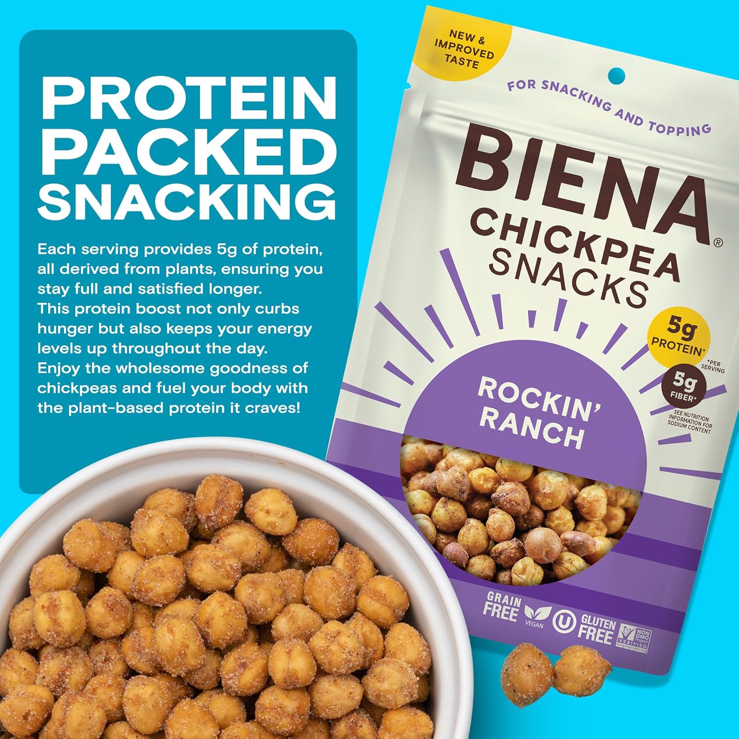 BIENA Chickpea Snacks - Crunchy Roasted Chickpeas - High Fiber Vegan Protein Snacks for Adults and Kids - 8-Pack, 5 Ounce Bags - Rockin’ Ranch