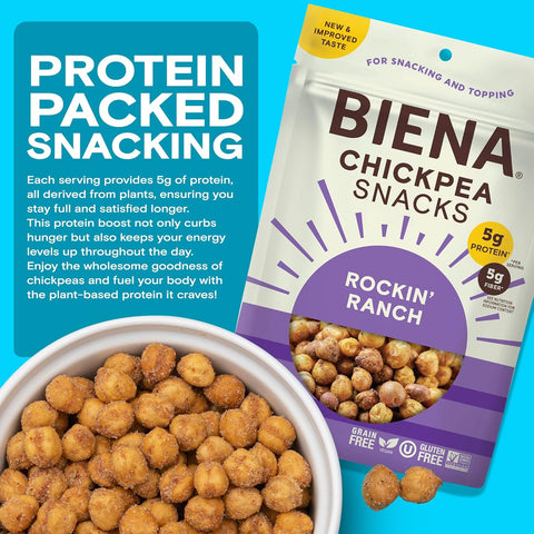 BIENA Chickpea Snacks - Crunchy Roasted Chickpeas - High Fiber Vegan Protein Snacks for Adults and Kids - 8-Pack, 5 Ounce Bags - Rockin’ Ranch