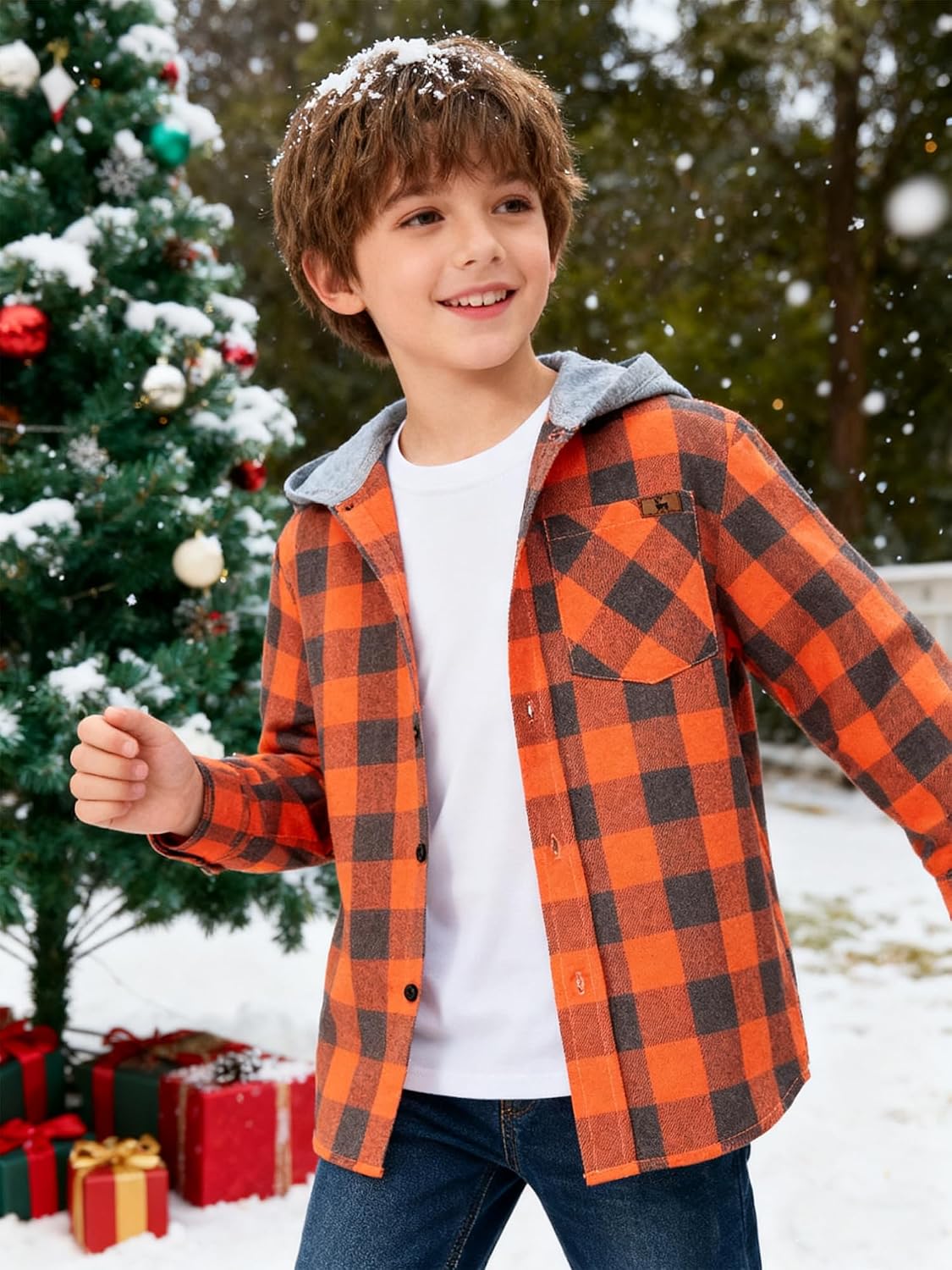 Boys Flannel Shirts Kids Plaid Hoodie for 6-15 Years