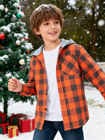 Boys Flannel Shirts Kids Plaid Hoodie for 6-15 Years