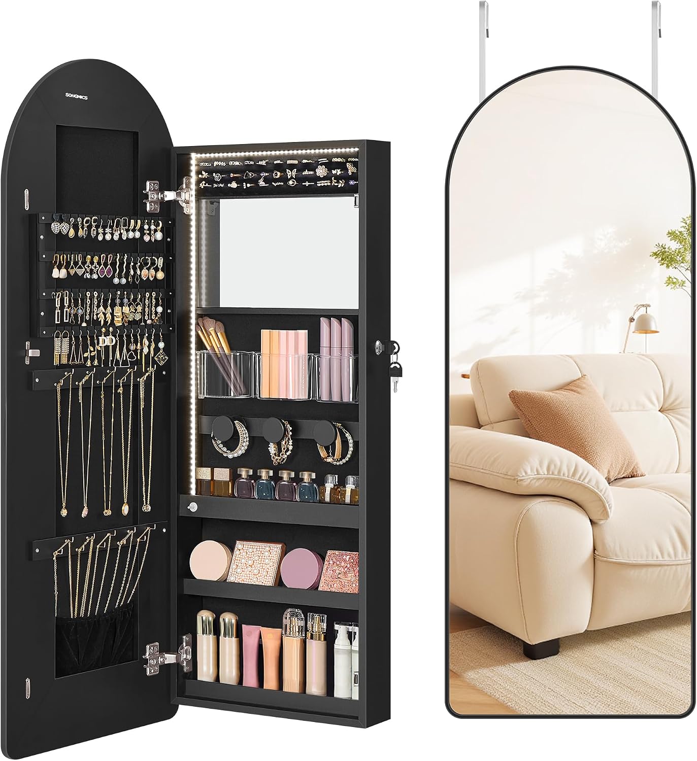 SONGMICS Wide Jewelry Organizer, Wall/Door Mounted, LED Cabinet, Lockable