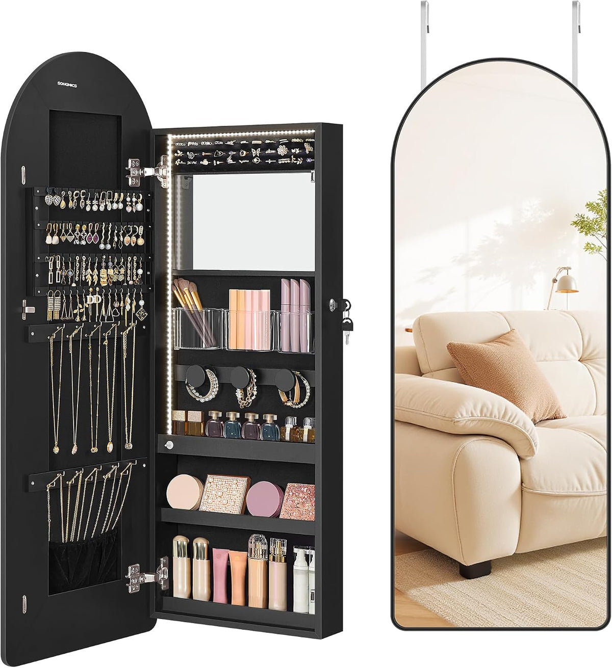 SONGMICS Wide Jewelry Organizer, Wall/Door Mounted, LED Cabinet, Lockable