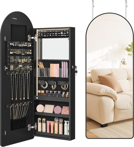 SONGMICS Wide Jewelry Organizer, Wall/Door Mounted, LED Cabinet, Lockable